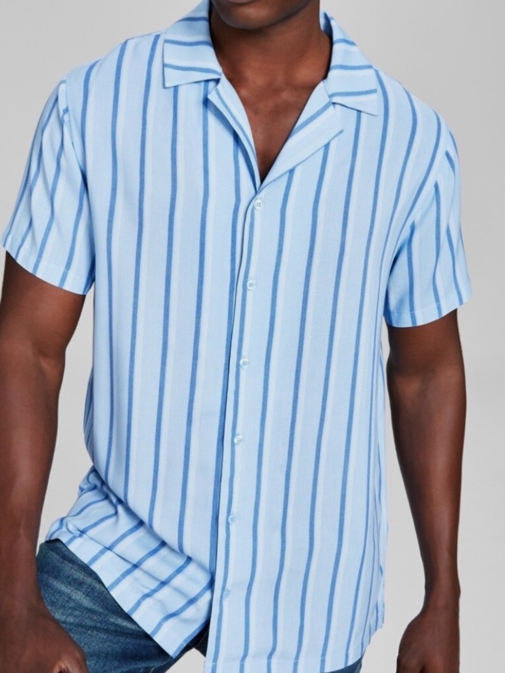 AND NOW THIS Chambray Blue Stripe Woven Button Down Camp Shirt Size L